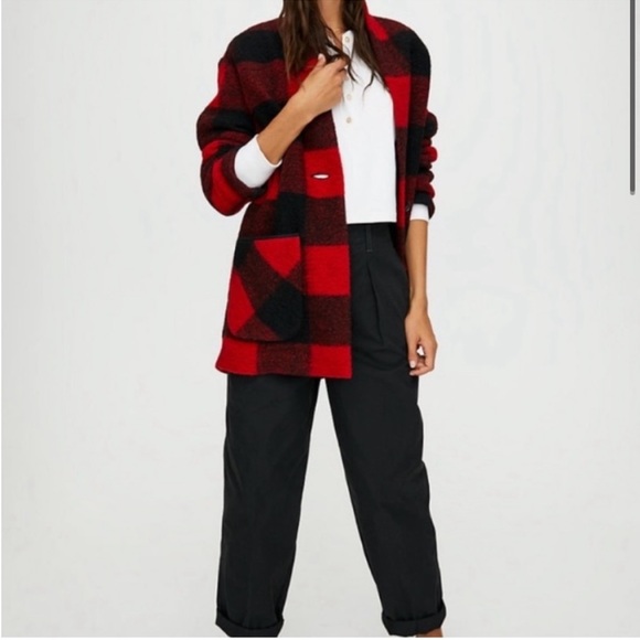 Aritzia Wilfred Free Off-Duty Buffalo Plaid Wool Jacket in Red / Black sz XSmall - Picture 4 of 16